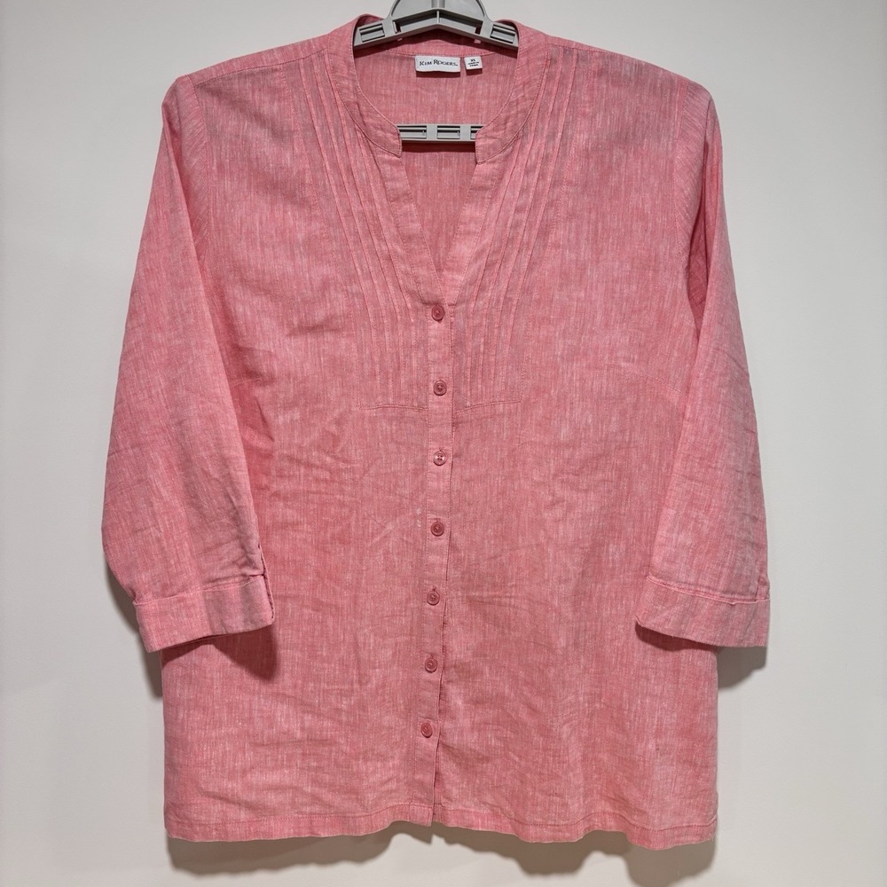 Kim Rogers Button Up V-Neck Top 3/4 Sleeve Resort Linen Cotton Pink Size XL FLAW